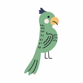 Green African parrot. Cute bird. Vector doodle illustration. Animals for children.