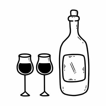 Bottle of wine and wine glasses. Vector doodle illustration. Sticker is hand drawn. Sketch.