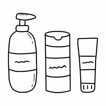 Set of cosmetics for body. Shampoo and hand cream. Doodle illustration.