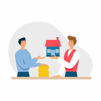 Sale of real estate. Man buys house. Mortgage loan. Vector illustration in flat style.