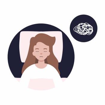 Girl sleeps well and dreams. Woman is lying in bed. Vector character in cartoon style.