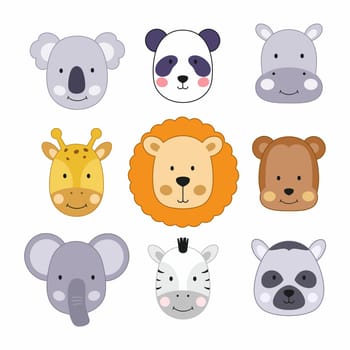 A set of illustrations with cute animal faces. Wild animals for kids in cartoon style.