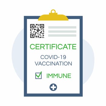 Paper certificate of vaccination against coronavirus covid 19. Health passport with qr code.