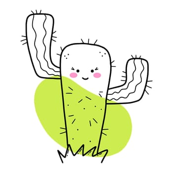 Cute cactus with face. Doodle icon. Postcard decor element. Flower in pot.