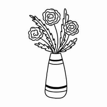 Roses in vase. Vector doodle illustration. Postcard decor element. Flowers.