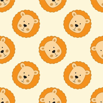 Endless lion face pattern. Funny background with animals for sewing children clothes. Print wallpaper on fabric and packaging.