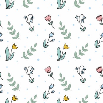 Delicate seamless pattern with flowers and plants. Endless pattern for printing on fabric and packaging paper.