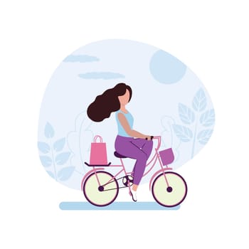 A girl rides a Bicycle for shopping in a store. Drawing a beautiful girl engaged in Cycling. Concept of outdoor activities in the city. Vector flat cartoon illustration
