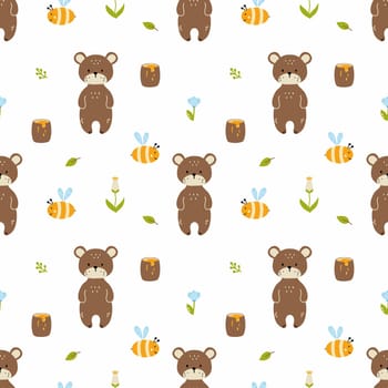 Bear, bee and honey. Seamless pattern for sewing children clothing, printing on fabric and packaging paper. Universal wallpaper in children. Design for boy and girl.