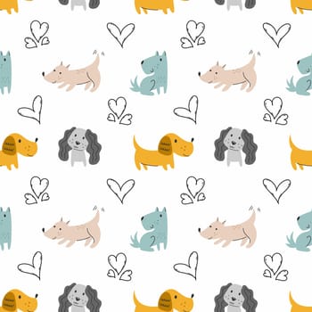 Cute puppy and heart. Seamless pattern. Tailoring and printing on fabric. Wrapping paper with dogs.