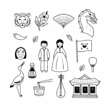 Culture and traditions of Korea. Set vector illustrations. Asian countries. Doodle icon. Hand drawn sketch.