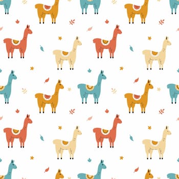 Seamless background with cute lama for sewing children clothes. Printing on fabric and packaging paper. Wallpaper for children room.
