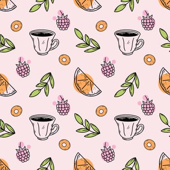 Seamless pattern for cafe or restaurant. Tea ceremony. Set of doodle illustrations.
