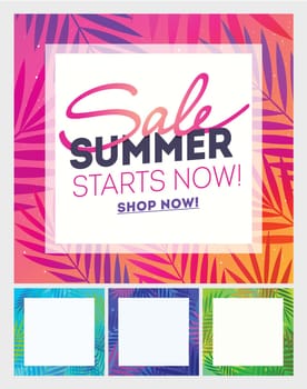 Summer sale poster with palm leaf and lettering. Summer Holiday and Travel template background, vector illustration. Summer tropical background