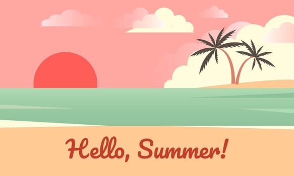 Hello summer banner. Background of sea beach with palms and sunrise. Good sunny day.