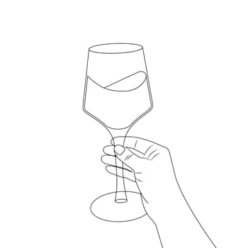 Female hand holding a glass with red wine. Line art