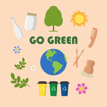 Eco icons with lettering Go Green. Poster, card, label, and banner design ecology theme. Vector illustration
