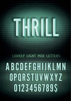 Narrow cold green neon box font with numbers on brick wall background. Vector thrill night light box sign