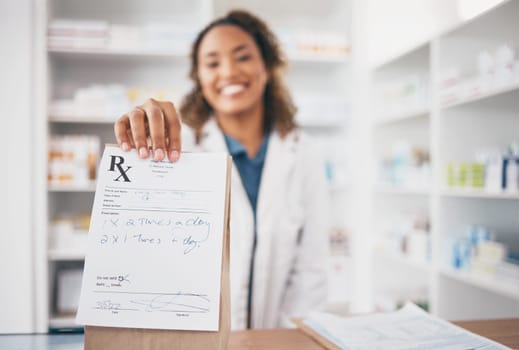 Pharmacy, medicine bag and pharmacist giving package to pov patient for customer services, support or retail help desk. Woman portrait with pharmaceutical note, medical product or healthcare receipt