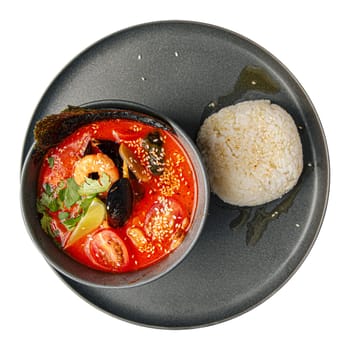 Isolated thai tom yam seafood soup with rice