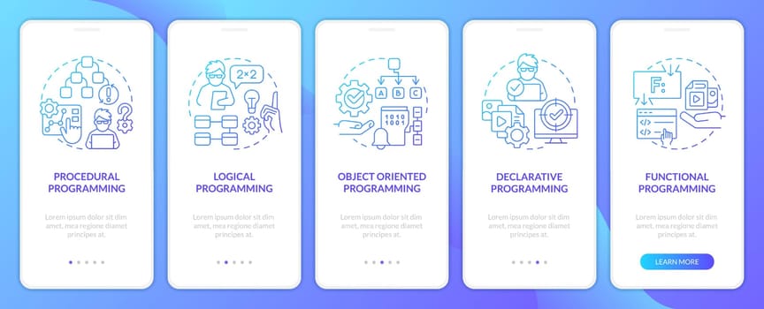 Programming styles types blue gradient onboarding mobile app screen