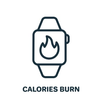 Fitness Tracker for Count Burned Calories Line Icon. Smart Wristband with Flame Linear Pictogram. Smartwatch App Counter for Calories Burn Outline Icon. Editable Stroke. Isolated Vector Illustration