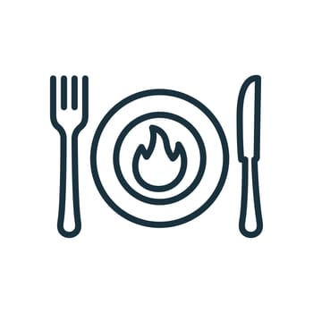 Calorie Burning Concept Line Icon. Plate with Fork, Knife and Flame Linear Pictogram. Product for Fast Metabolism Outline Icon. Editable Stroke. Isolated Vector Illustration