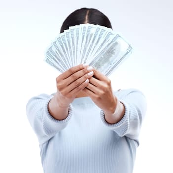 Dollar money, hands or studio woman with lottery award win, competition giveaway or bonus cash payment. Finance trading bills, financial freedom or prize winner with person hidden on white background