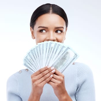 Dollars, face and studio woman with money award win, competition giveaway or bonus cash payment. Finance trading bills, financial freedom income or lotto prize winner with person on white background