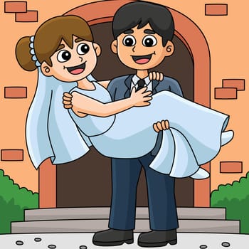 Wedding Groom Carrying Bride Colored Cartoon