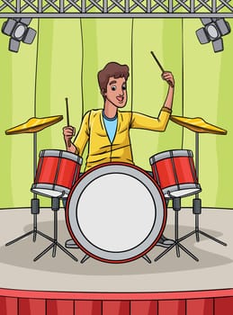 Drum Player Colored Cartoon Illustration