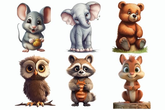 Safari Animal set mouse, elephant, bear, owl, raccoon, squirrel in 3d style. Isolated vector illustration