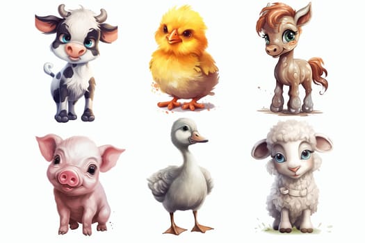 Safari Animal set cow, chicken, horse, piglet, goose, sheep in 3d style. Isolated vector illustration