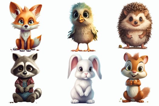 Safari Animal set fox, bird, hedgehog, hare, squirrel, raccoonp in 3d style. Isolated vector illustration