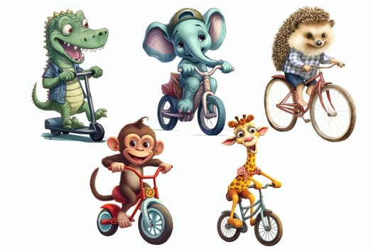 Safari Animal set crocodile, elephant, hedgehog, giraffe, monkey ride bicycles in 3d style. Isolated vector illustration