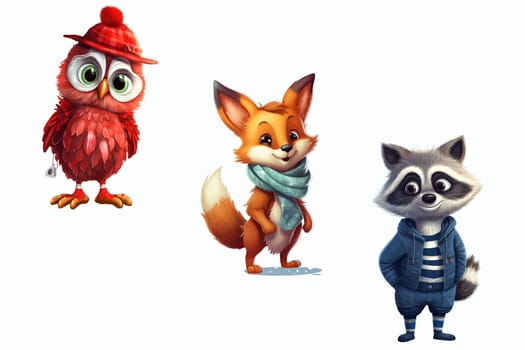 Safari Animal set owl, fox and raccoon in 3d style. Isolated vector illustration