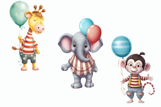 Safari Animal set giraffe, elephant, monkey with balloons in 3d style. Isolated vector illustration