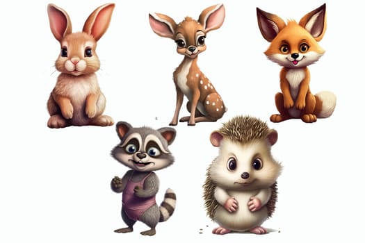 Safari Animal set hare, deer, fox, raccoon, hedgehog in 3d style. Isolated vector illustration