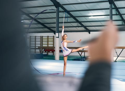 Ribbon dance, sport checklist and woman gymnast with fitness, performance art and training. Gymnastics, dancing and show of a gymnastic dancer in competition with sports workout judge writing