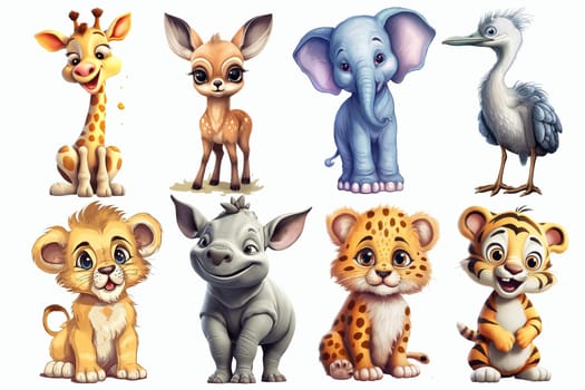 Safari Animal set Elephant, rhino, giraffe, antelope, leopard, tiger, lion, heron in 3d style. Isolated vector illustration