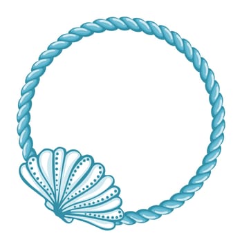 Blue sailor rope with shell, frame. Marine background, logo, template, vector