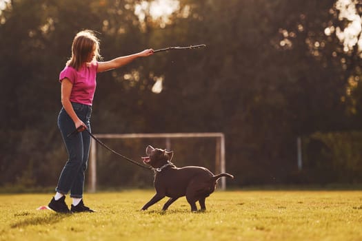 Doing tricks. Woman in casual clothes is with pit bull outdoors