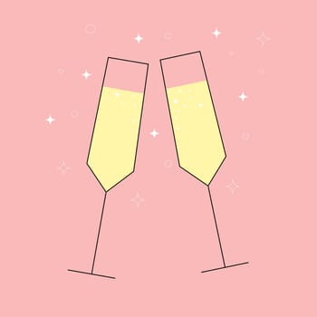 Two sparkling glasses of champagne. Merry Christmas and Happy New Year design element