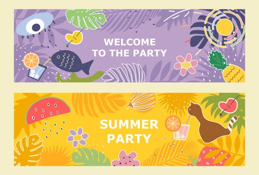 Set of vector banners for a summer beach party with fruits and cocktails .Summer party poster in a flat style. Vector