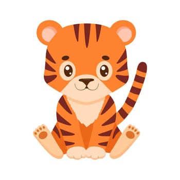 Cute tiger in cartoon style. Drawing african baby wild cat isolated on white background. Vector sweet tiger