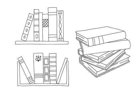 Vector line books on bookshelf. Outline illustration set. Books stack line icon