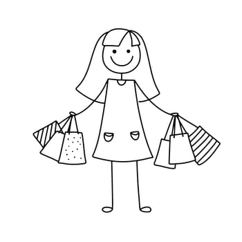 Stick Woman shopping sketch, doodle outline illustration. Funny girl with purchase packages.