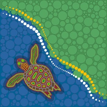 Landscape with turtle in decorative ethnic style. Australia aboriginal traditional culture art style of dot.