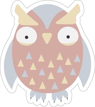 Cute flat sticker of kawaii owl with colorful feathers. Vector childish illustration for baby print, birthdays and invitation designs.