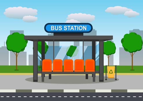 Bus Stop Station Vector Flat Design. Bus Stop With Cityscape In Background
